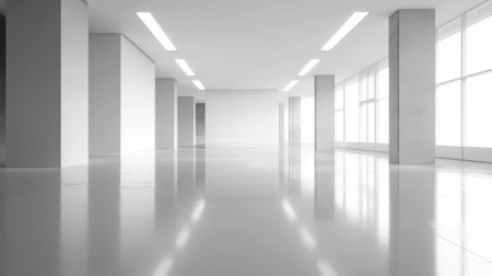 A spacious modern interior showcasing minimalist design with clean lines and abundant natural light, featuring white walls and reflective floors for a serene atmosphere.の素材