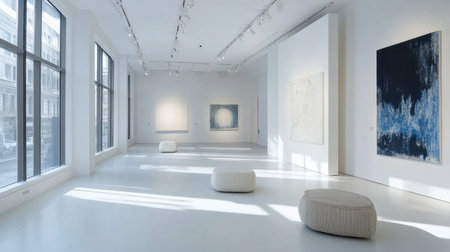 Bright and airy art gallery interior featuring minimalist design and modern artwork. The spacious area invites creativity and inspiration, showcasing art beautifully.の素材