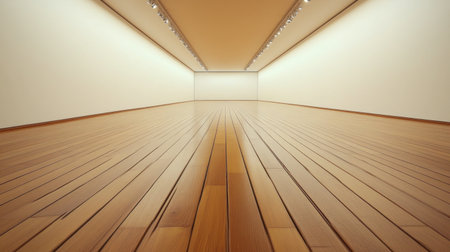 Spacious, minimalist gallery interior featuring a polished wooden floor and soft lighting. Perfect for showcasing artwork or photography with a serene aesthetic.の素材