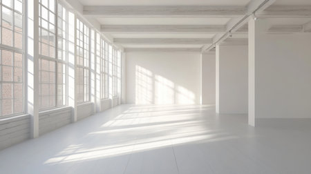 A bright, minimalist room featuring large windows casting soft shadows. This empty space is perfect for creatives seeking an inspiring and serene environment.の素材