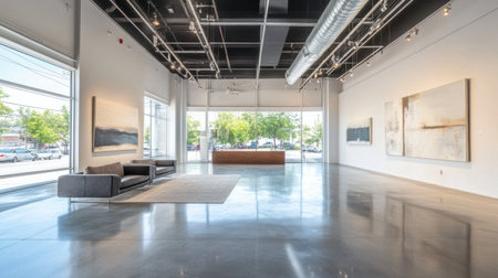Bright and spacious modern art gallery showcasing contemporary artwork. Features large windows, polished concrete flooring, and minimalist design. Perfect for exhibitions or events.の素材