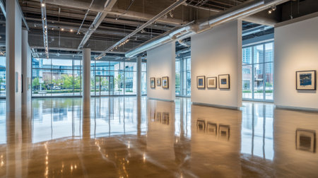 Bright and spacious modern art gallery featuring polished floors and large windows. Ideal for showcasing artwork in a serene environment filled with natural light.の素材