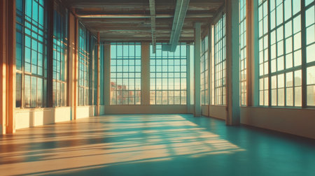 A bright and spacious empty room with large windows allowing natural light to flood in, highlighting the serene atmosphere and modern design elements.の素材