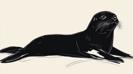 This simple illustration features a seal resting elegantly on a light background. The black and white design captures the essence of marine wildlife in a stylized manner.の素材