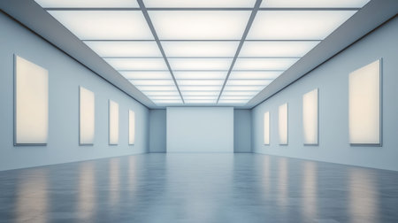 A bright and minimalist art gallery featuring an empty space ready for exhibitions. The clean lines and ample lighting enhance the artistic ambiance.の素材