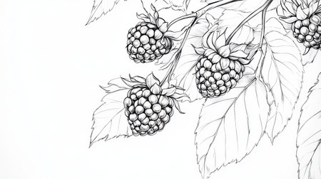 This hand-drawn illustration features detailed raspberries and leaves on a white background, perfect for botanical enthusiasts and art lovers.の素材