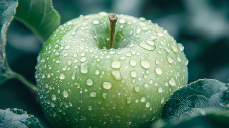 A vibrant green apple covered in water droplets sits among lush leaves, symbolizing freshness and health. Ideal for food-related projects and designs.の素材