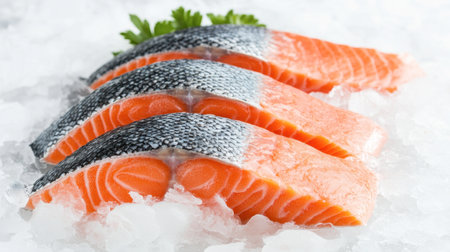 Fresh salmon fillets arranged on ice, showcasing vibrant colors and smooth texture, perfect for culinary applications and gourmet dishes.の素材