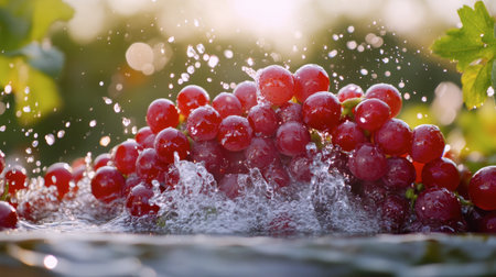 A vibrant scene of fresh grapes splashing into water, illuminated by warm sunlight. Perfect for illustrating freshness, nature, and agriculture.の素材
