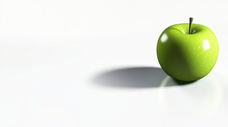 A solitary fresh green apple placed on a minimalist surface, showcasing its vibrant color and smooth texture. Ideal for health and food themes.の素材
