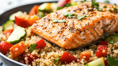 A delicious plate featuring grilled salmon atop quinoa, surrounded by fresh vegetables. Ideal for healthy meal options and vibrant culinary presentations.の素材