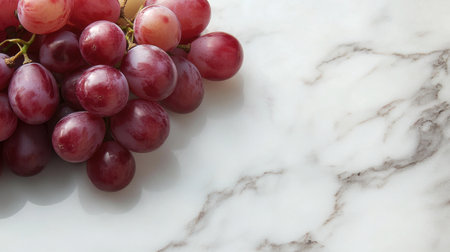 A beautiful arrangement of fresh red grapes on a smooth marble surface, highlighting the natural elegance and vibrant color of this healthy fruit.の素材