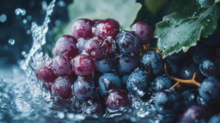 Water splashes around fresh grapes, showcasing vibrant colors and natural beauty. The image captures the essence of freshness and health in a closeup view.の素材