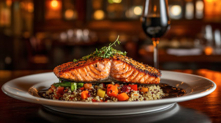 A beautifully plated grilled salmon fillet served on a bed of quinoa with fresh vegetables. Perfect for a gourmet meal or elegant dining experience.の素材