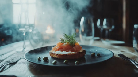 A beautifully plated gourmet dish featuring fresh salmon and vibrant herbs. The elegant presentation and atmospheric smoke create a memorable dining experience.の素材
