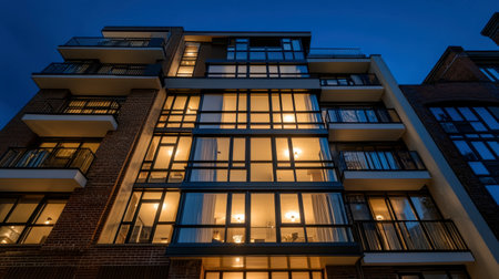 A modern apartment building showcases elegant architecture at twilight, bathed in warm interior lights, creating a cozy and inviting urban atmosphere.の素材
