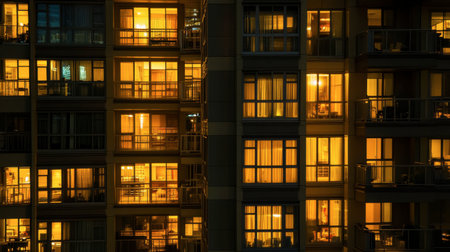 A captivating view of illuminated apartment windows at night, showcasing a warm and inviting glow. This image captures urban living and evening tranquility.の素材