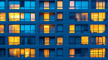 This image showcases a modern apartment building at dusk, with warm light glowing through the windows, highlighting urban living and architectural design.の素材