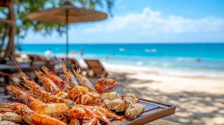 Vibrant seafood platter featuring fresh shrimp served on a wooden table, with a stunning beach view and calm waves under a blue sky, perfect for dining.の素材
