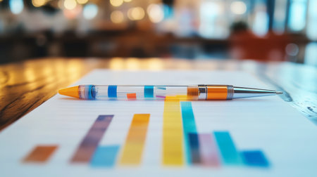 A ballpoint pen with a colorful design lying on top of a blank sheet of paper in a creative workspace.の素材