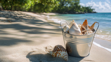 A beach bucket with a built-in sifter, showcasing the small treasures found during a seaside adventure.の素材