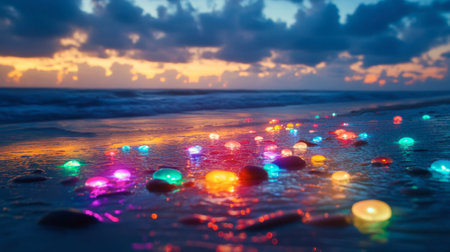 A beautiful beach moment with stacked pebbles, glowing with colorful reflections under the evening sky.の素材