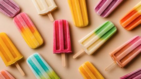 A banner showcasing a variety of colorful ice cream popsicles arranged in a fun pattern on a beige background, perfect for summer vibes.の素材