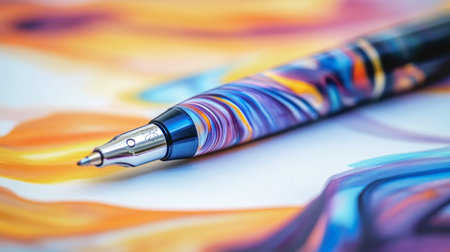 A ballpoint pen with a colorful design lying on top of a blank sheet of paper in a creative workspace.の素材