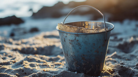 A beach bucket with a built-in sifter, showcasing the small treasures found during a seaside adventure.の素材