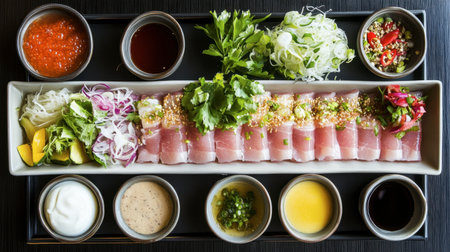 A beautifully plated shabu pork pan meal with a variety of fresh ingredients and flavorful dipping sauces.の素材