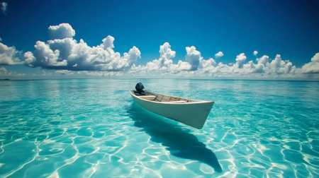 A beautiful view of the Maldives clear blue waters with a small boat drifting across the horizon.の素材