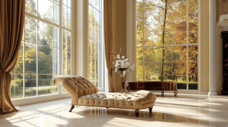 A bright princess-style living room with tall windows, elegant drapes, and a beautifully upholstered chaise lounge.の素材
