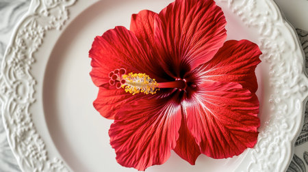 A bright red hibiscus flower on a white plate, showcasing its bold color and intricate details.の素材