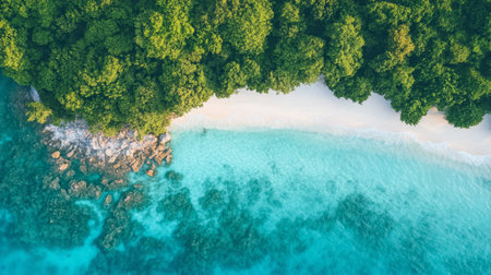 A bird's-eye view of Koh Samet island, showcasing its lush forests, sandy beaches, and clear blue waters.の素材