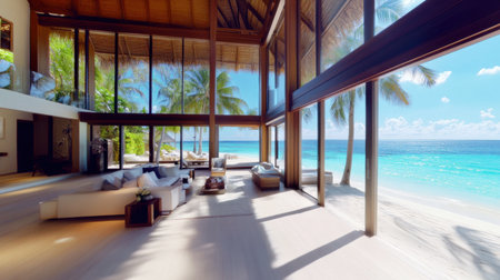 A bright and spacious Maldives villa with large windows offering panoramic ocean views.の素材