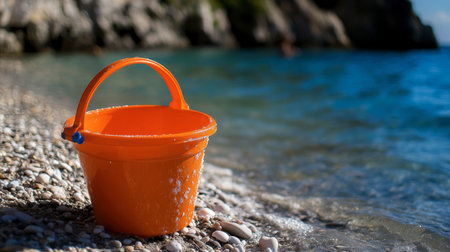 A bright orange sea bucket used as a prop in a cheerful beach photo shoot.の素材