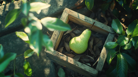 A bright green pear resting alone in a wooden basket with fresh green leaves beside it.の素材