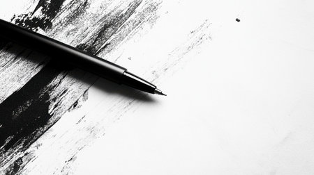 A black ballpoint pen resting on top of a paper document, ready for signing with a clean, professional background.の素材