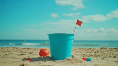 A bright blue sea bucket beside a child's sandcastle, complete with a tiny flag and scattered beach toys.の素材