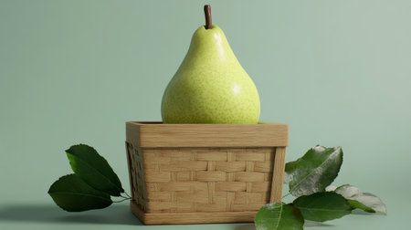 A bright green pear resting alone in a wooden basket with fresh green leaves beside it.の素材