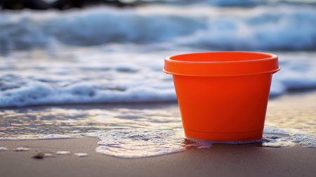 A bright orange sea bucket used as a prop in a cheerful beach photo shoot.の素材