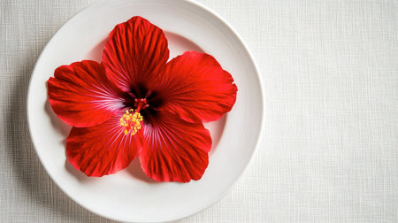 A bright red hibiscus flower on a white plate, showcasing its bold color and intricate details.の素材