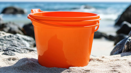 A bright orange sea bucket used as a prop in a cheerful beach photo shoot.の素材