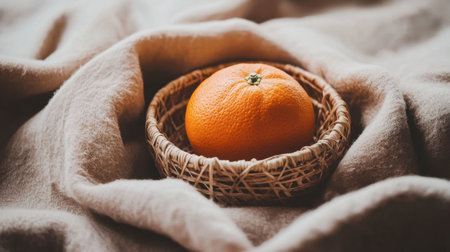 A bright orange placed in a small wooden basket with natural wood tones around it.の素材