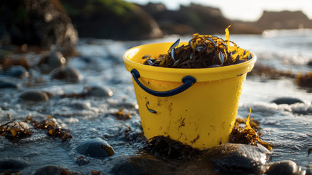 A bright sea bucket loaded with seaweed and tiny fish caught during a day of beachcombing.の素材