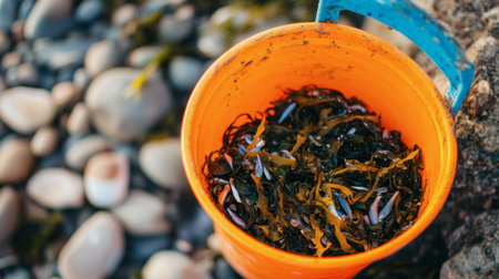 A bright sea bucket loaded with seaweed and tiny fish caught during a day of beachcombing.の素材