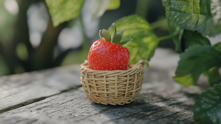 A bright red strawberry placed delicately in a small wooden basket on a rustic table.の素材