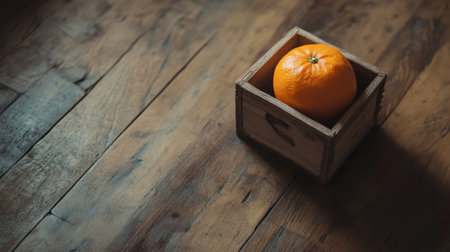 A bright orange placed in a small wooden basket with natural wood tones around it.の素材