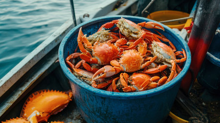 A bucket of freshly caught seafood, including crabs and shrimp, set on a fishing boat.の素材