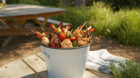 A bucket of grilled seafood skewers, featuring shrimp, scallops, and vegetables, placed on a picnic table.の素材